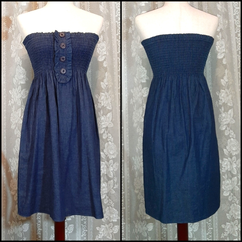 Milky Way Strapless Pleated Denim like Midi Dress, OS